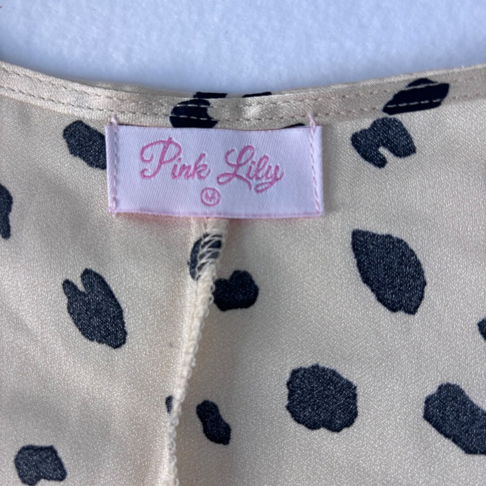 Pink Lily Dalmatian Print Satin Romper Champagne Black Kimono Sleeve Medium‎ - Picture 5 of 12